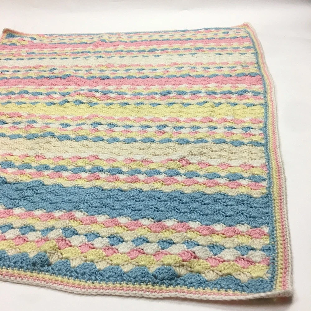 Pastel White Yellow Blue Pink Baby Blanket Lap Afghan Crocheted 35‎ x 44 inches
